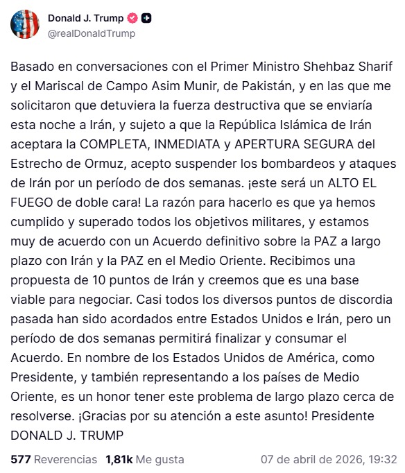 El mensaje de Trump en sus redes sociales.